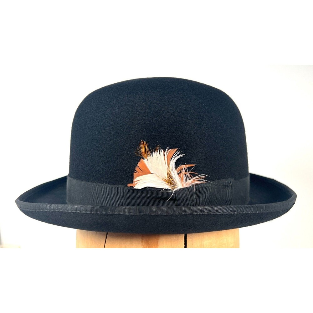 Dobbs Fifth Avenue Wool Black bowler Hat Size 7 1/4 R W/ Feather New York Derby